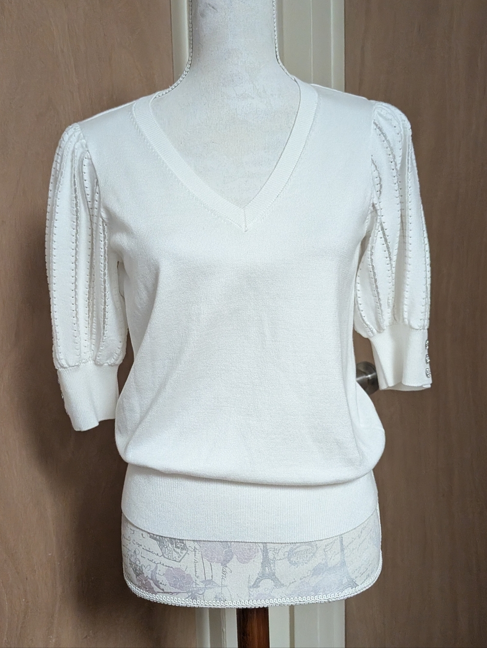 Karl Lagerfeld Paris White V Neck Puff Sleeve Sweater Minimalist Office Capsule
